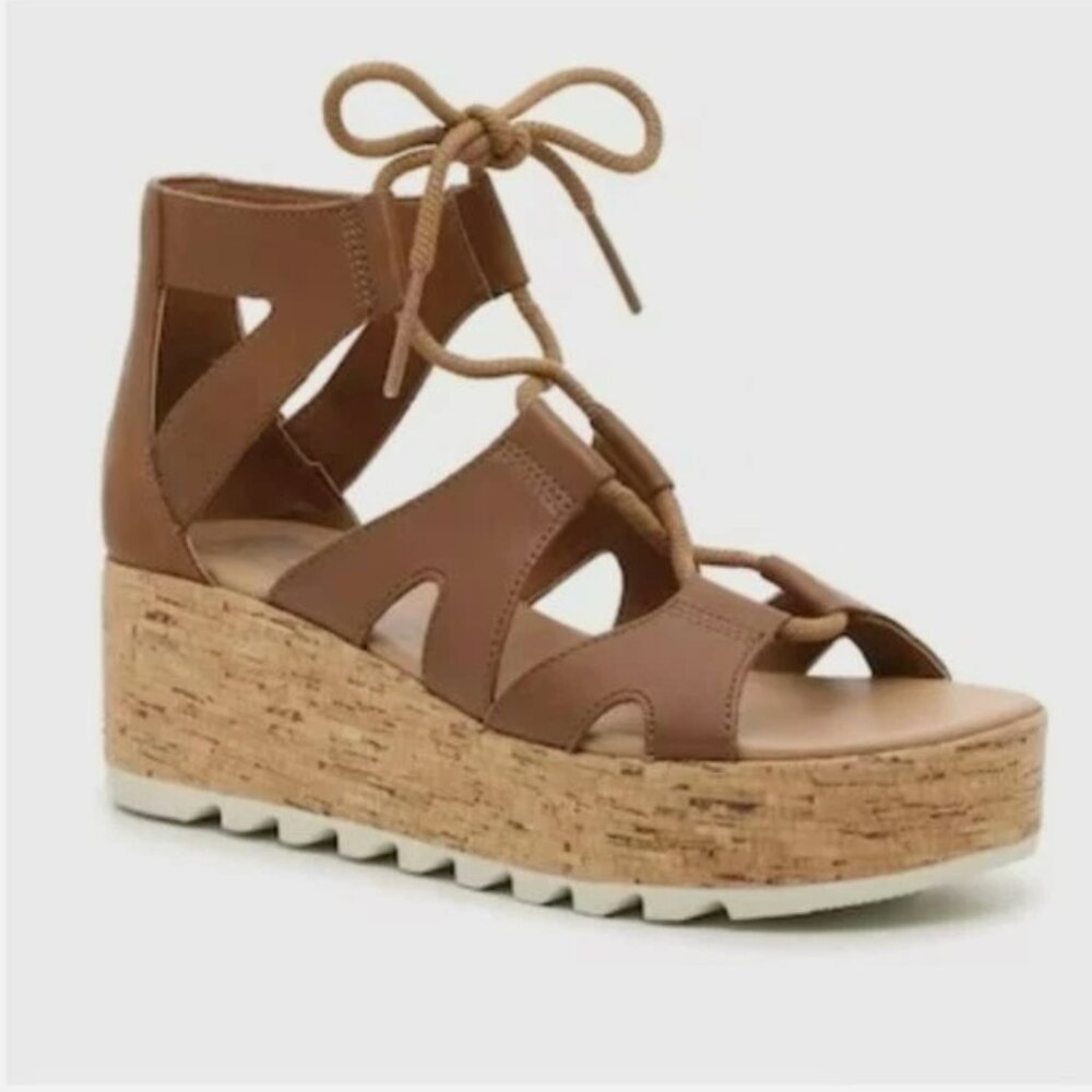 SOREL Cameron Flat Form Lace Wedge Cork Sandals Brown Womens